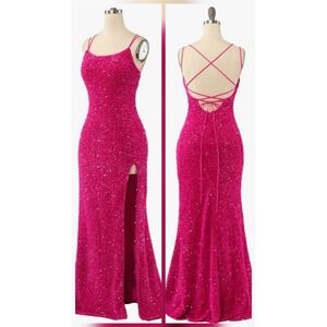 Hot Pink Sequin Lace-Up Back Gown Maxi Dress Slit – Size 2